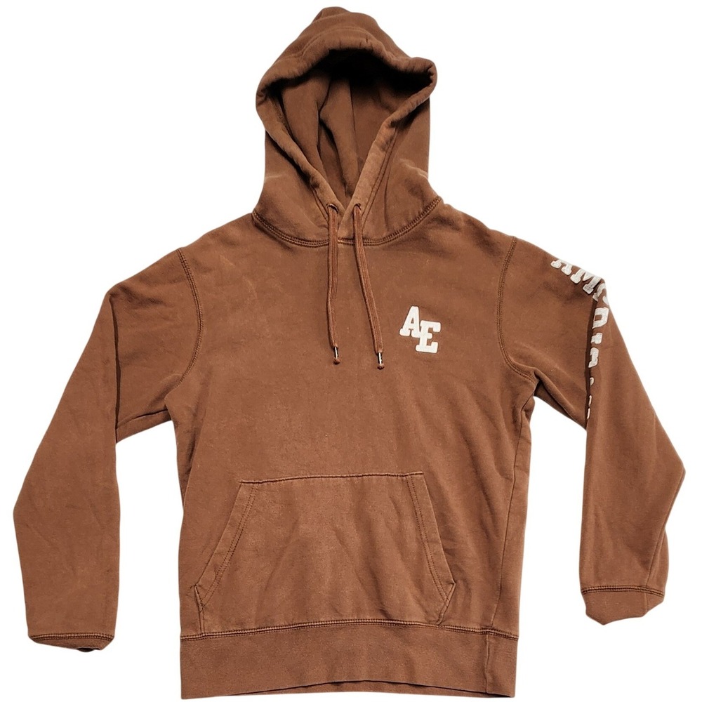 American Eagle Hoodie Brown Graphic Sleeve Pullover Sweatshirt Mens XS Y2K Style